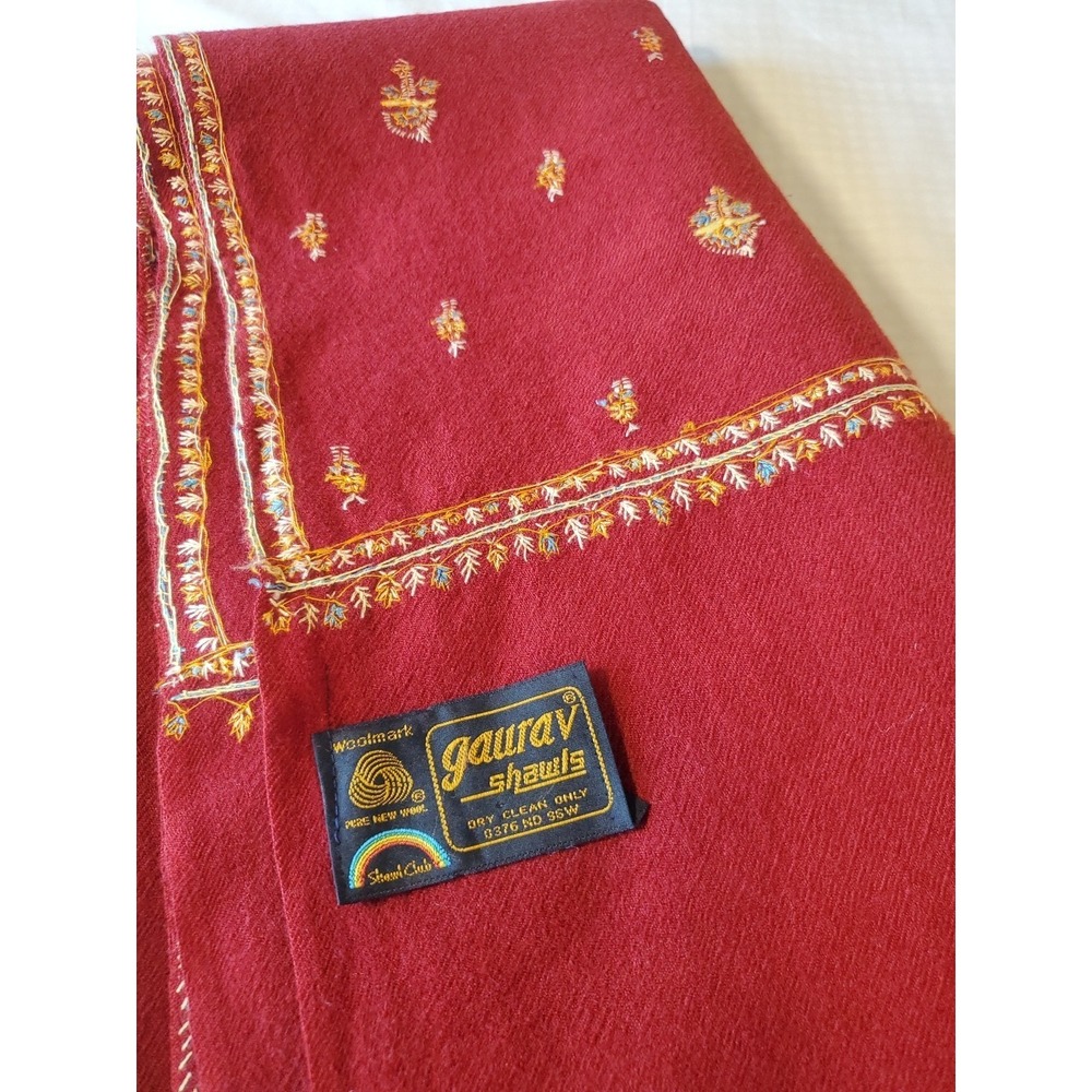 Vintage Gaurav Shawls Wool Hand Embroidered Long Fabric Red Abstract 36x75 - Picture 6 of 8